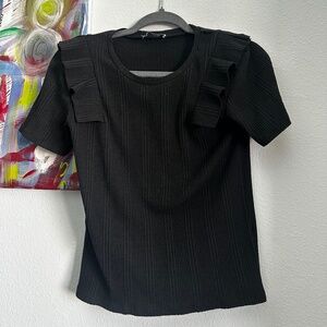 Zara Ribbed Black Top with Ruffle Shoulders